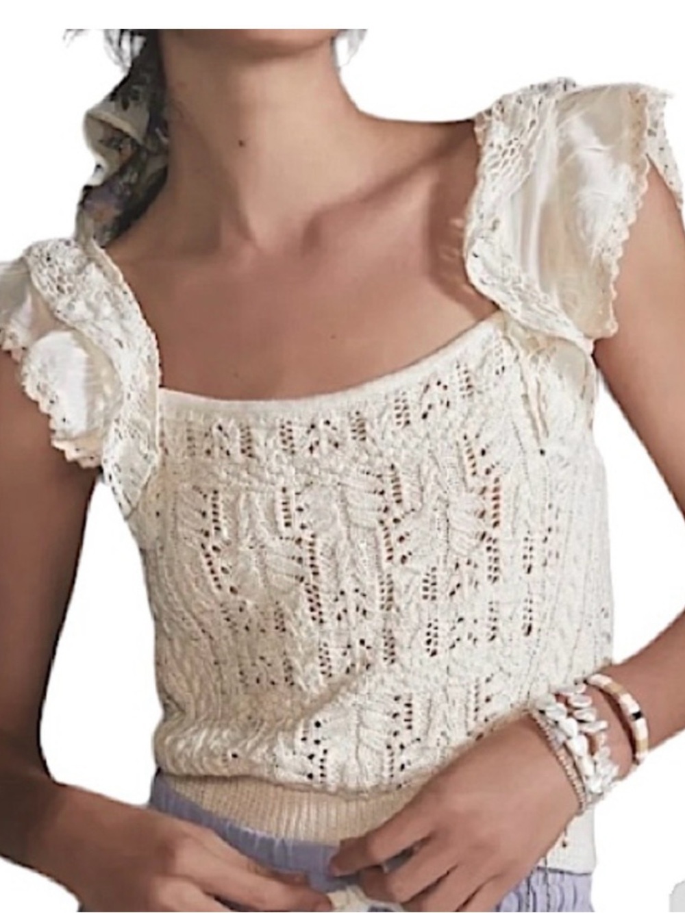 Anthropologie Cream Lace-Trim Knit Tank
